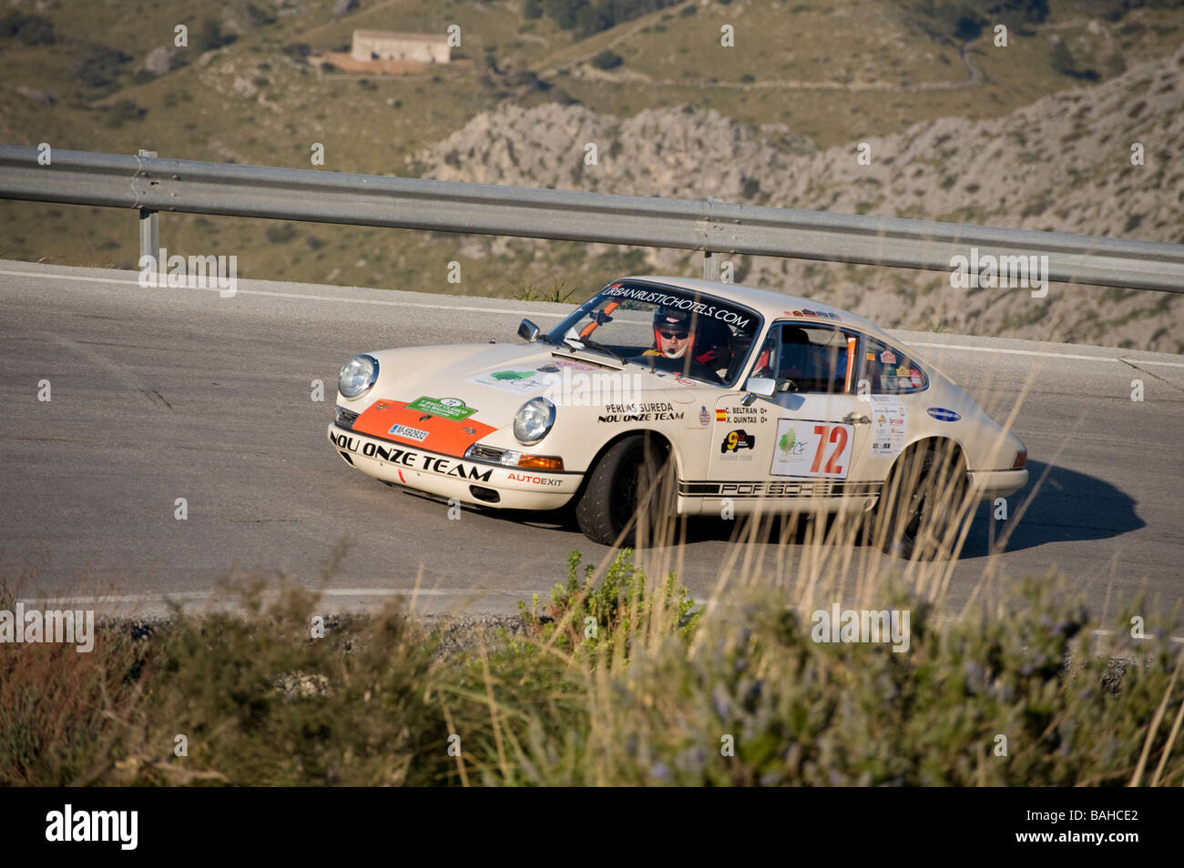 White 1966 Porsche 911S classic car racing in the Mallorca classic car rally Stock Photo