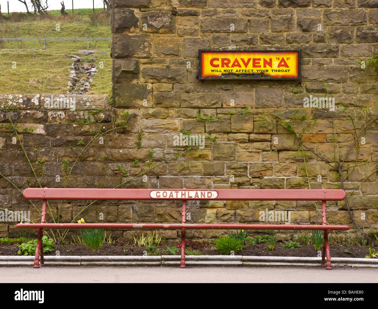 Goathland railway station. bench and cigarette advert Stock Photo
