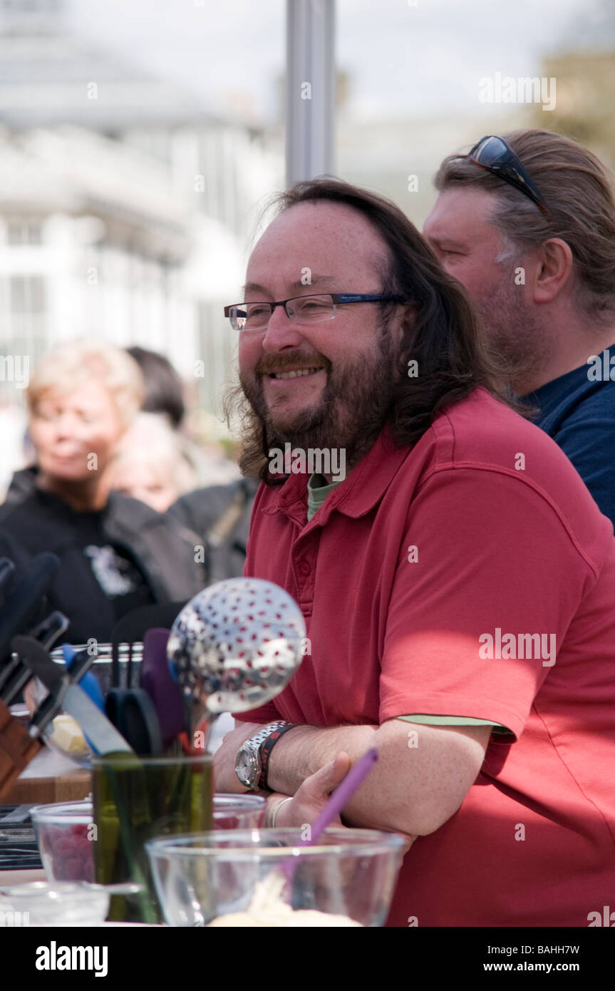 The Hairy Bikers celebrity food chefs being filmed in Buxton gardens