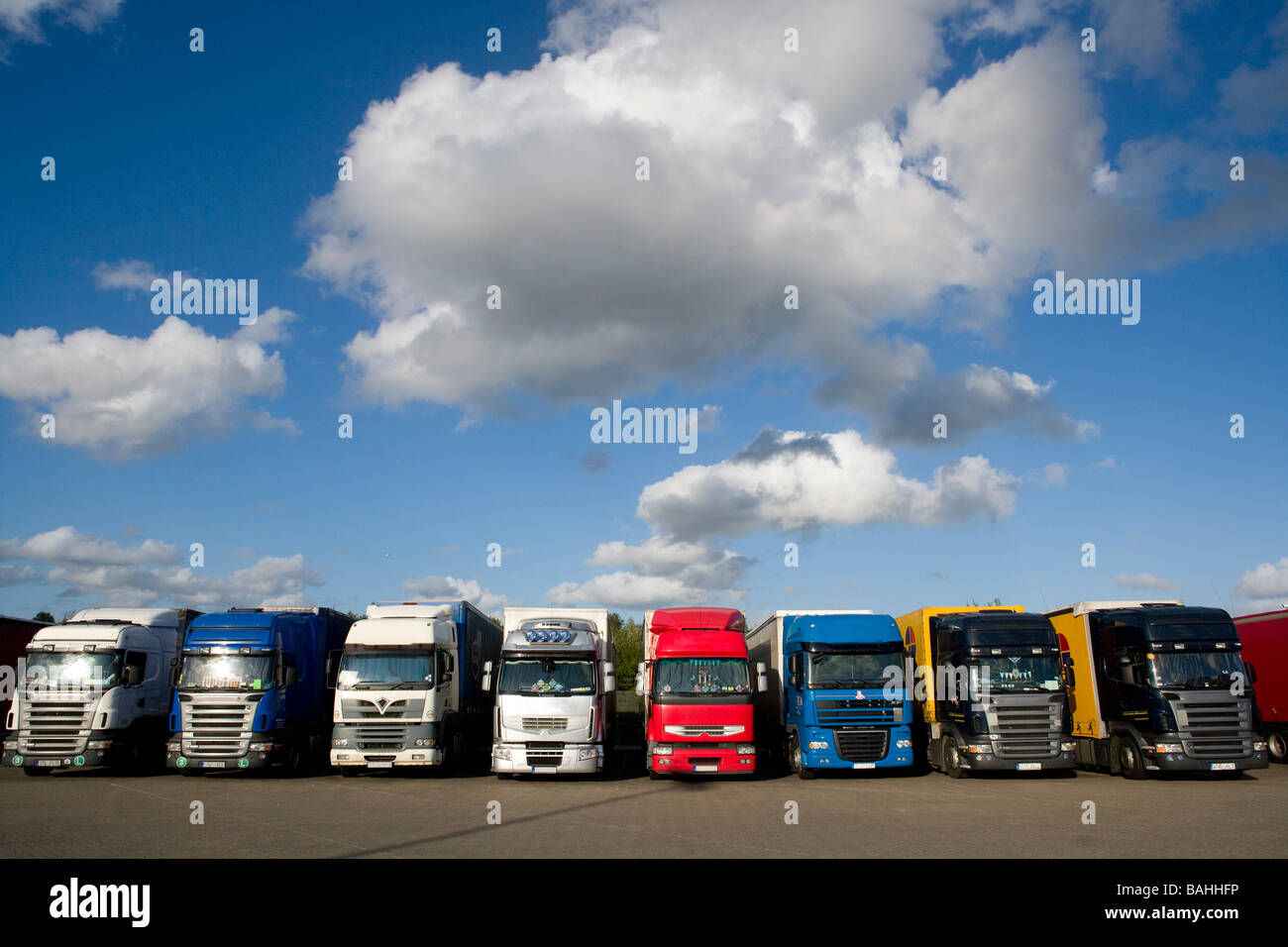 Row of trucks lorries at truck park Kent Stock Photo
