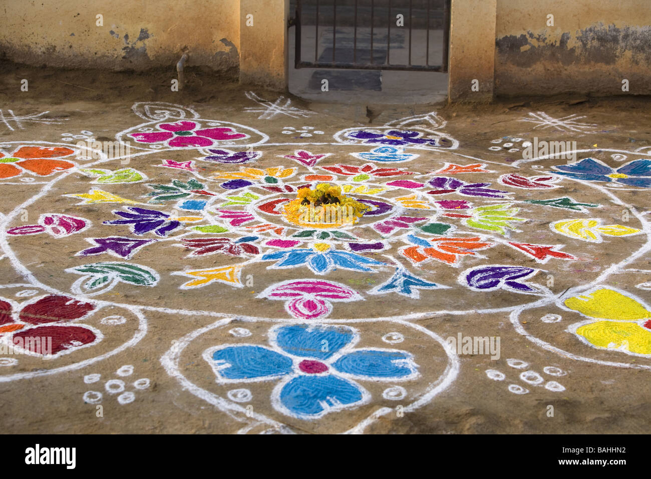 Rangoli Festival street designs in India made during Sankranthi or Pongal. Stock Photo