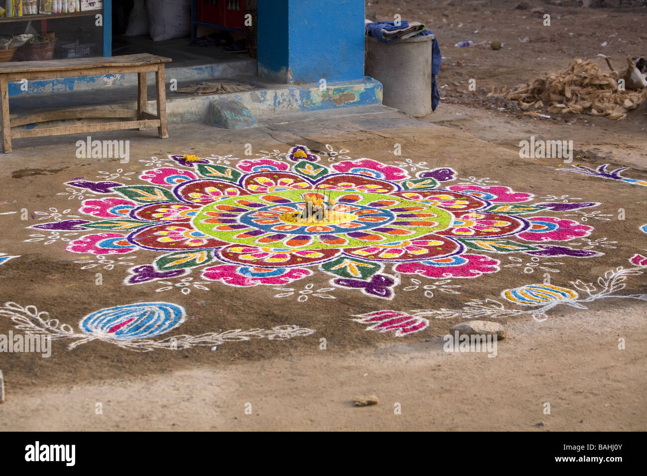 Rangoli Festival street designs in India made during Sankranthi or Pongal. Stock Photo