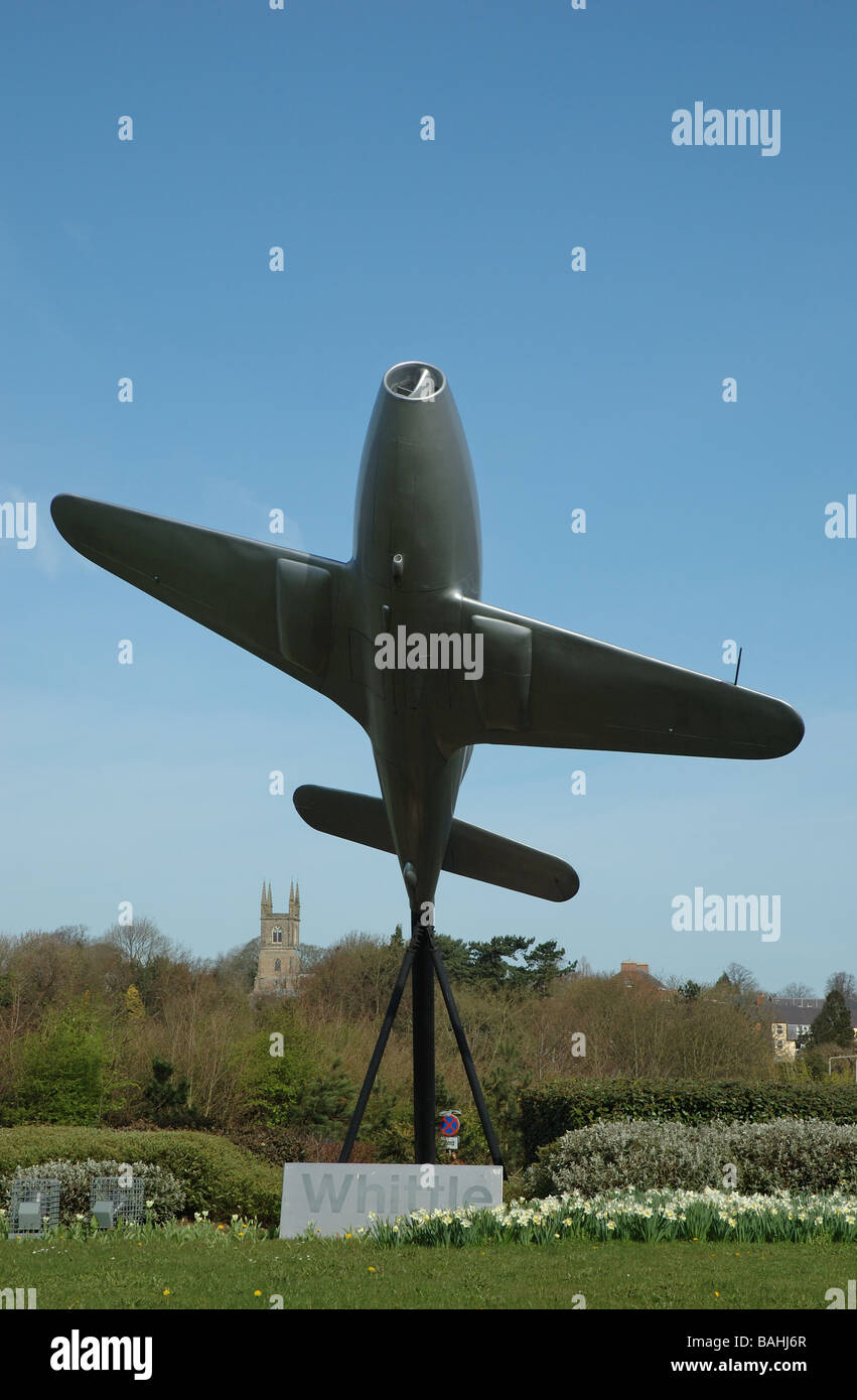 a model of Britains first jet aircraft stands as a memorial to Sir Frank Whittle, Lutterworth, Leicestershire, England, UK Stock Photo