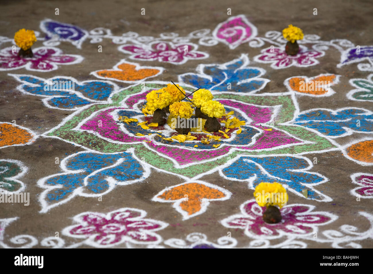 Rangoli Festival street designs in India made during Sankranthi or Pongal. Stock Photo