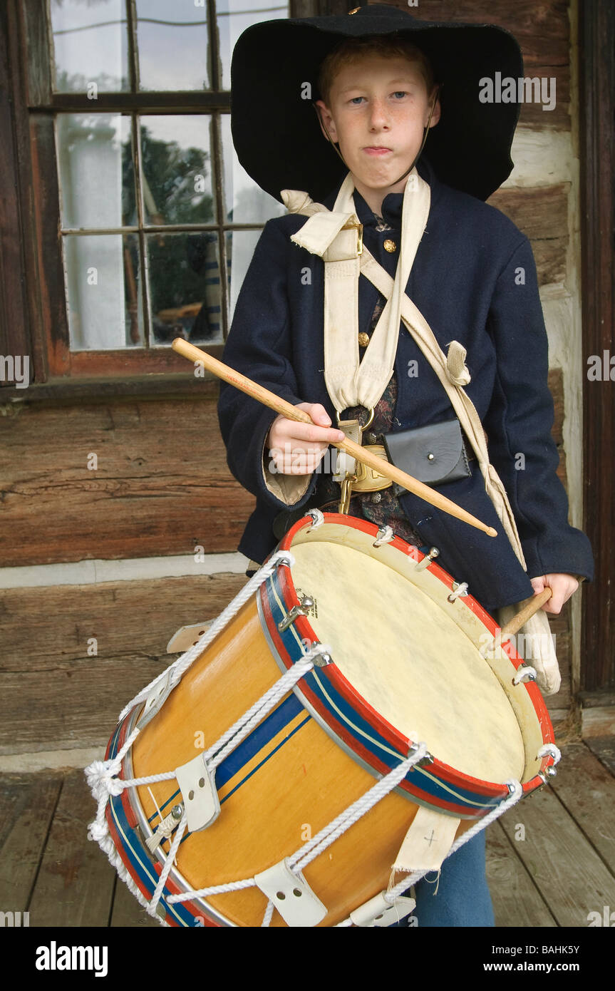 Drummer boy at Civil War reenactment Sharp Hopper Cabin Harrisonville Missouri Stock Photo
