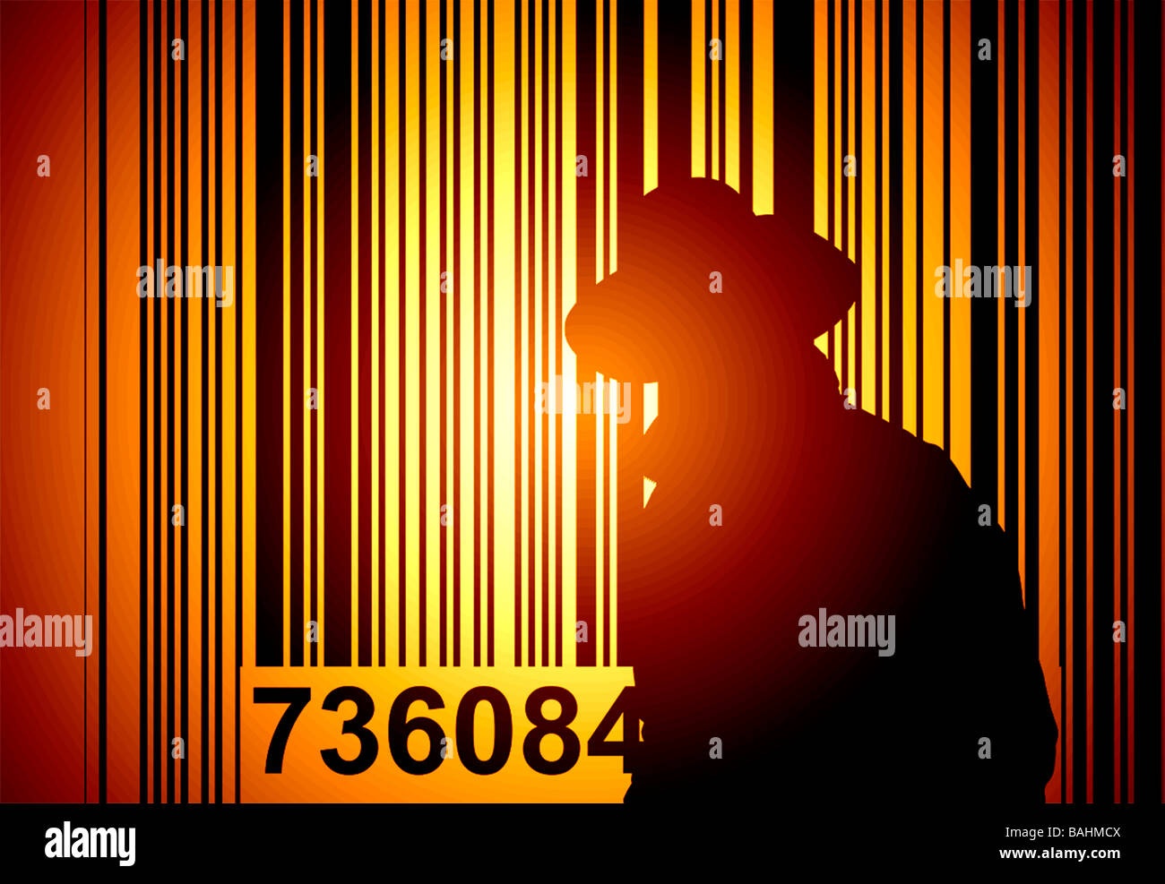 mystery man silhouetted against bar code projection identity theft Stock Photo
