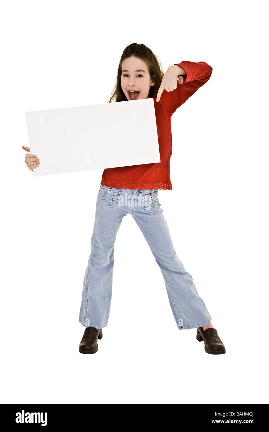 Caucasian child holding a blank sign so you can add your own advertising slogan She is on a white background Stock Photo