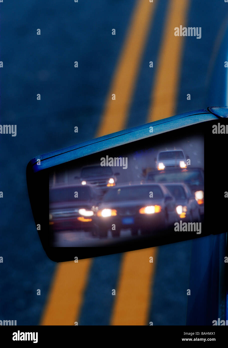 heavy night traffic shown in rear view mirror Stock Photo Alamy