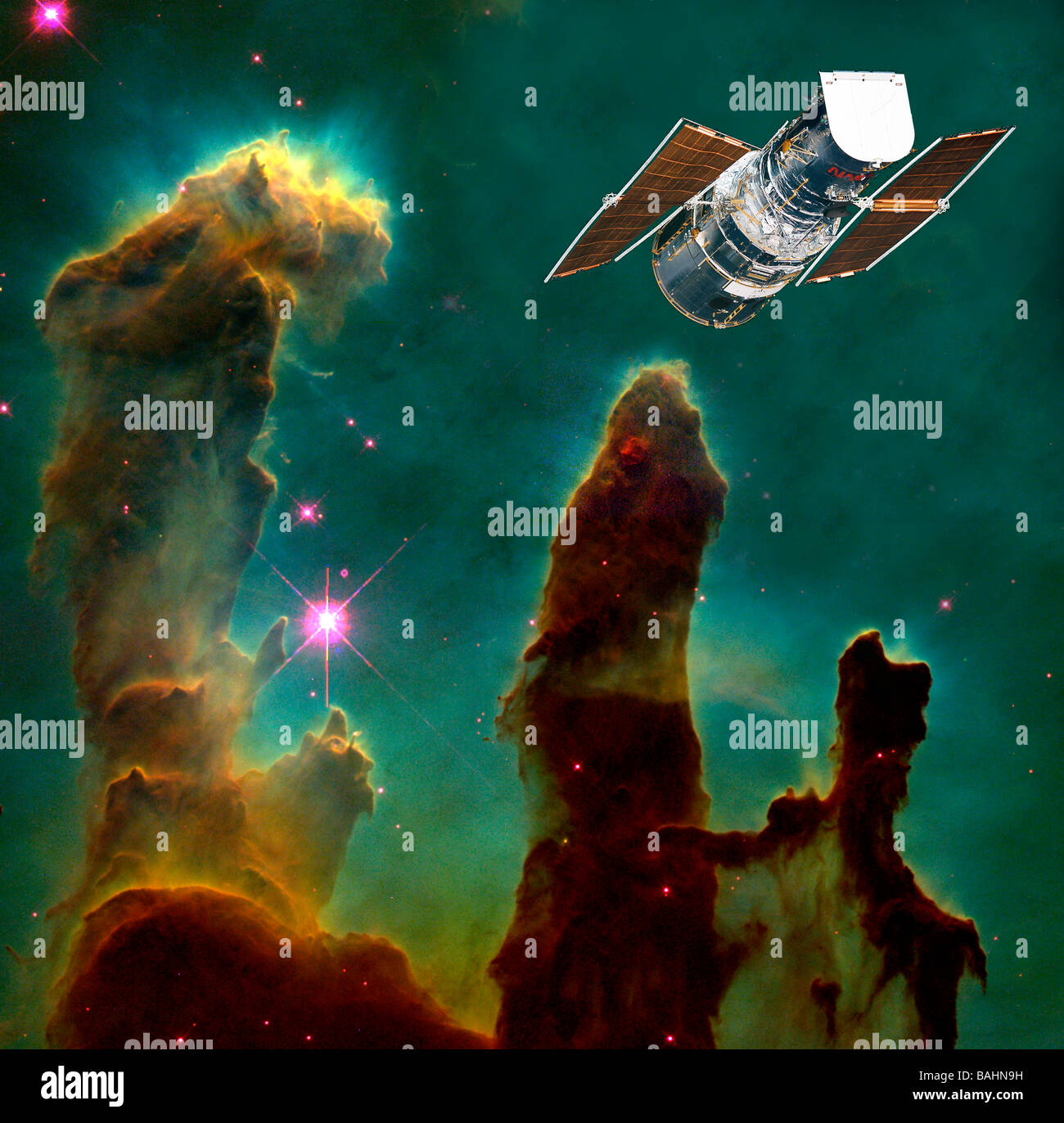 computer enhanced NASA image of the Eagle Nebula galaxy and the Hubble Telescope Stock Photo