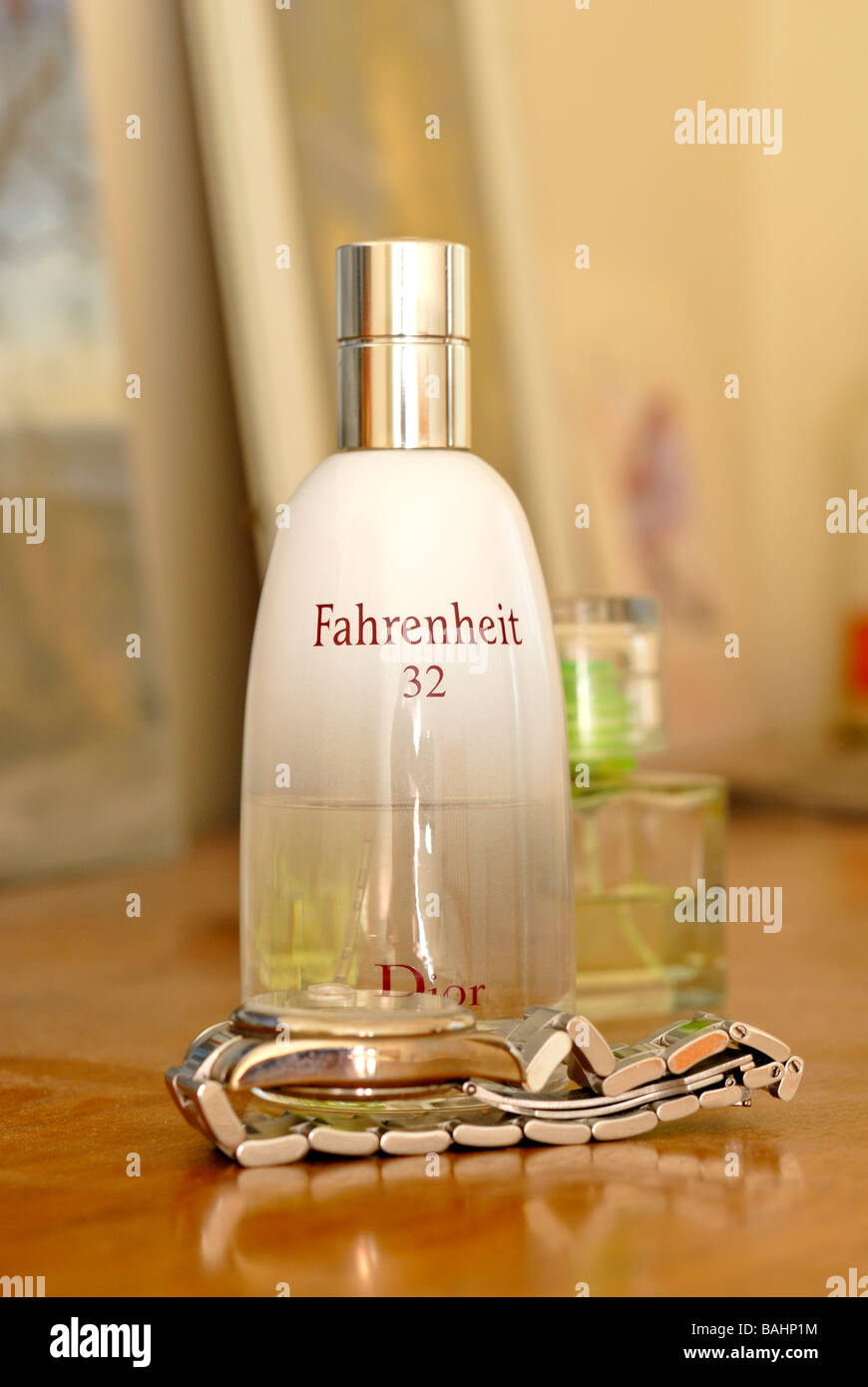 Fahrenheit 32 aftershave and watch Stock Photo