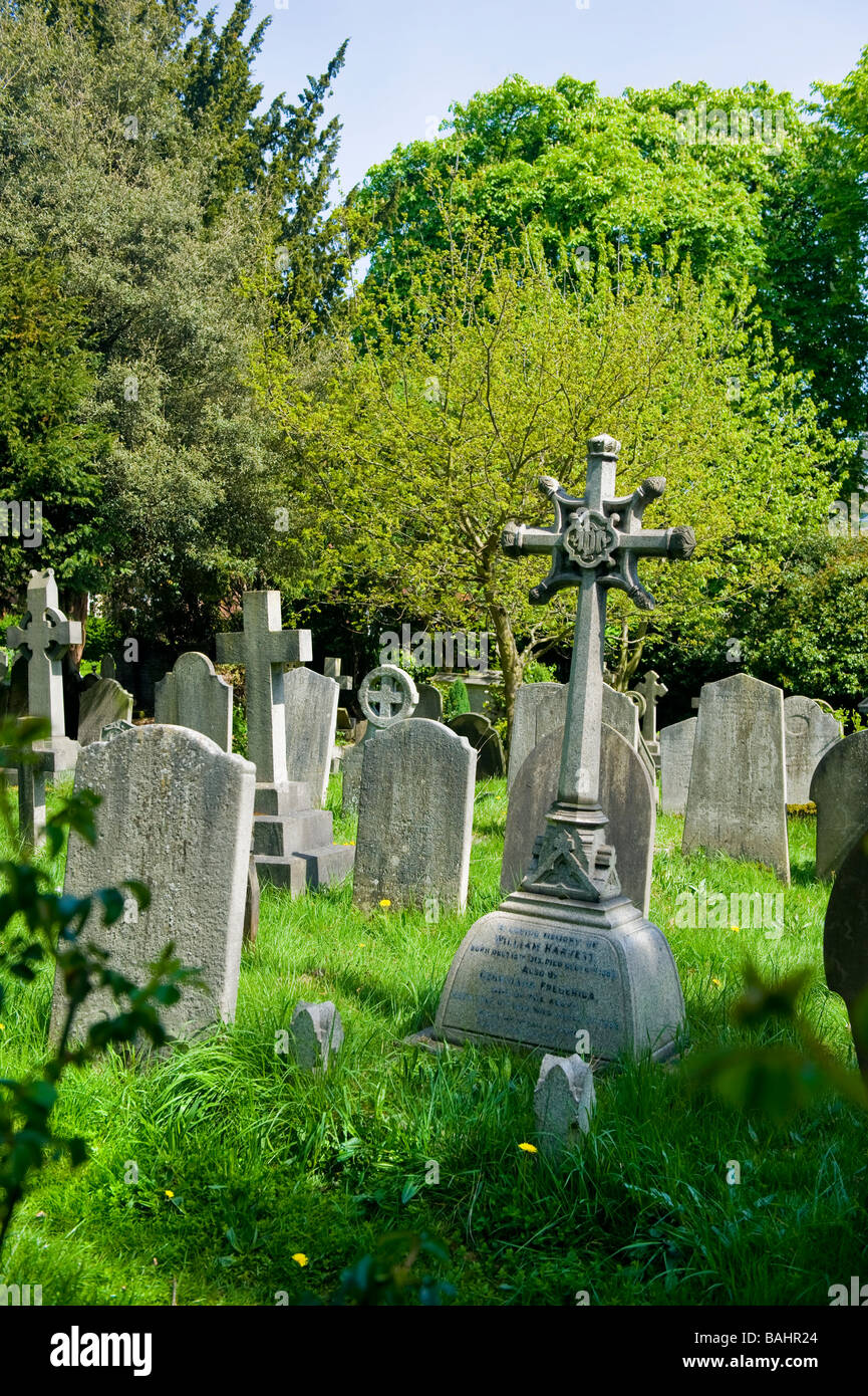 Spring in Hampstead Village , graves in Saint John - at - Hampstead Parish Church Cemetery or Burial Ground acquired in 1811 Stock Photo