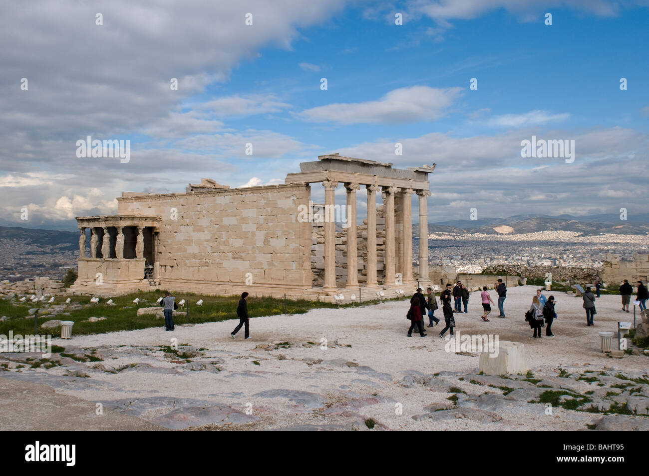 Tourists at Erechtheion temple on Acropolis Athens Stock Photo