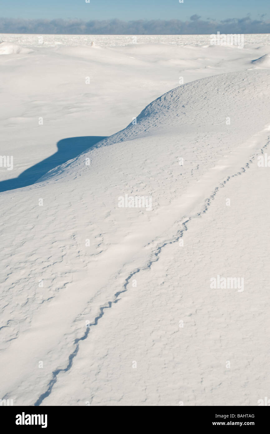 Shadows And Snow Drifts Over Frozen Waves On The Edge Of Lake Stock Photo Alamy