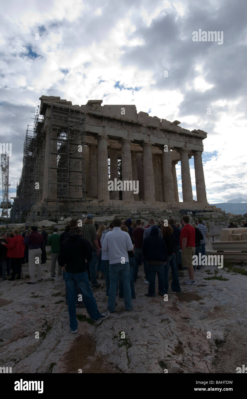 Tourists in front of Parthenon temple on Acropolis Athens Stock Photo