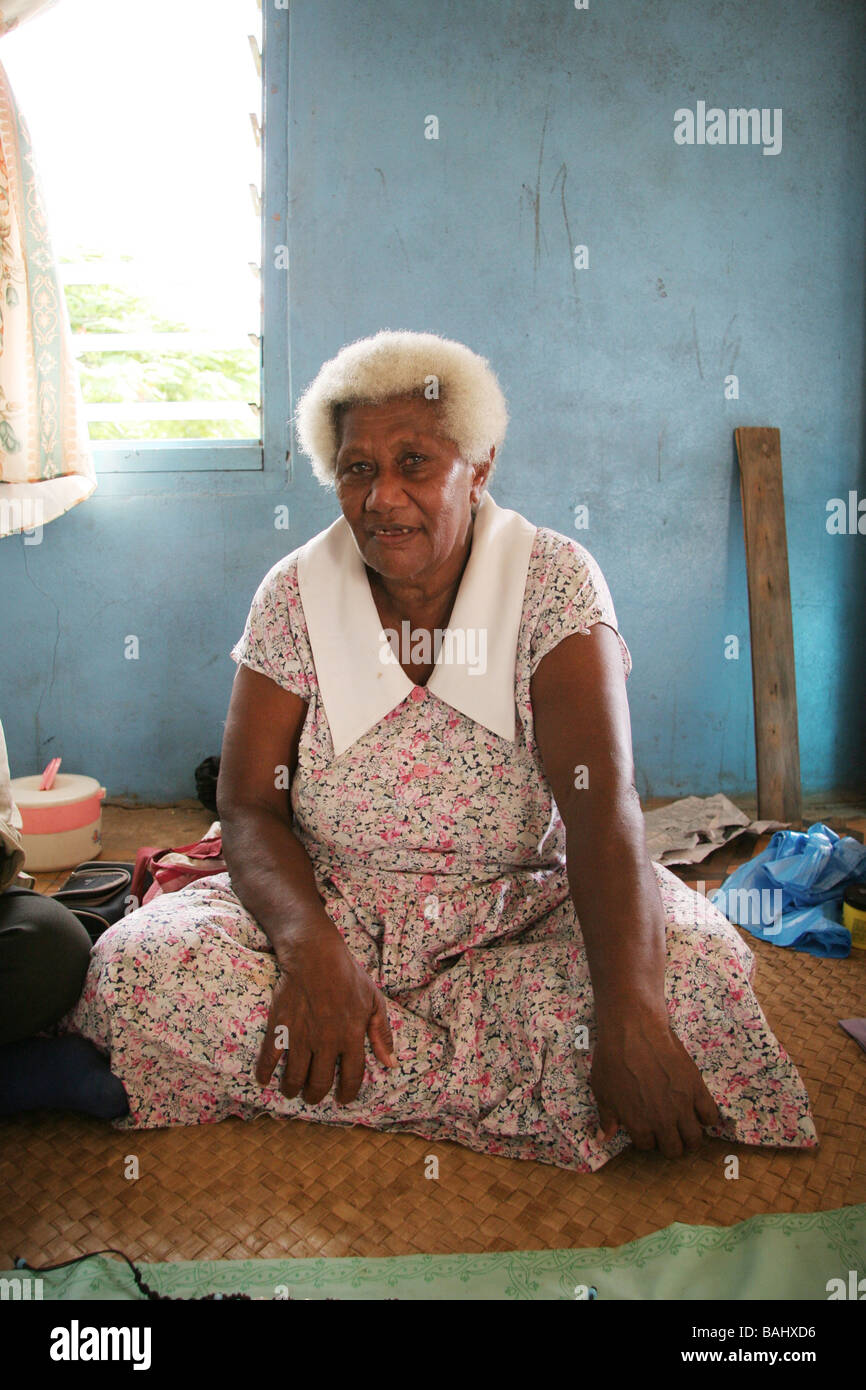 Fijian Elder lady siting in hut Stock Photo