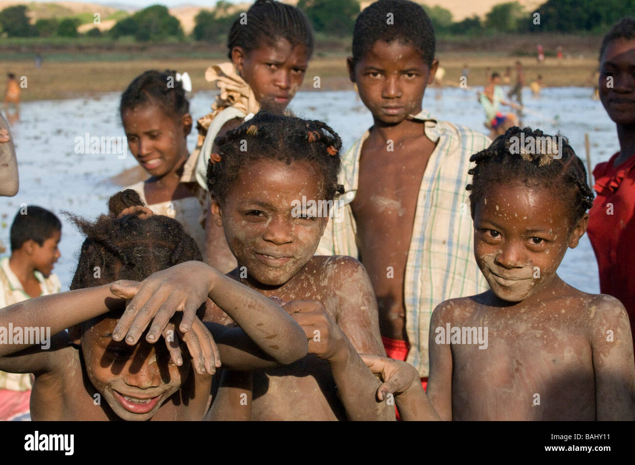 Laughing native dirty children Ankarana Madagascar Africa Stock Photo