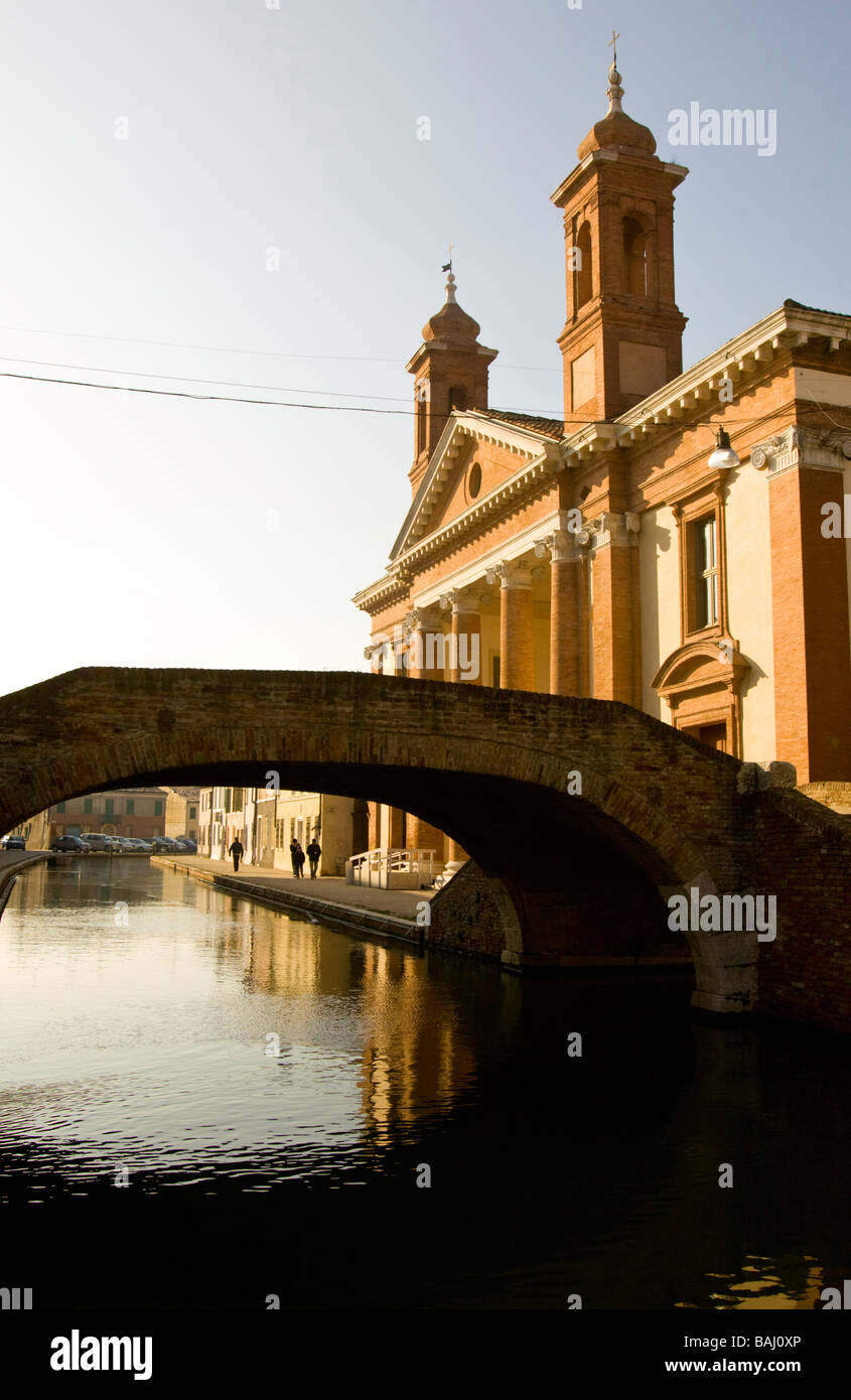 Italy Emilia - Romagna Comacchio, Bridge and Church Stock Photo