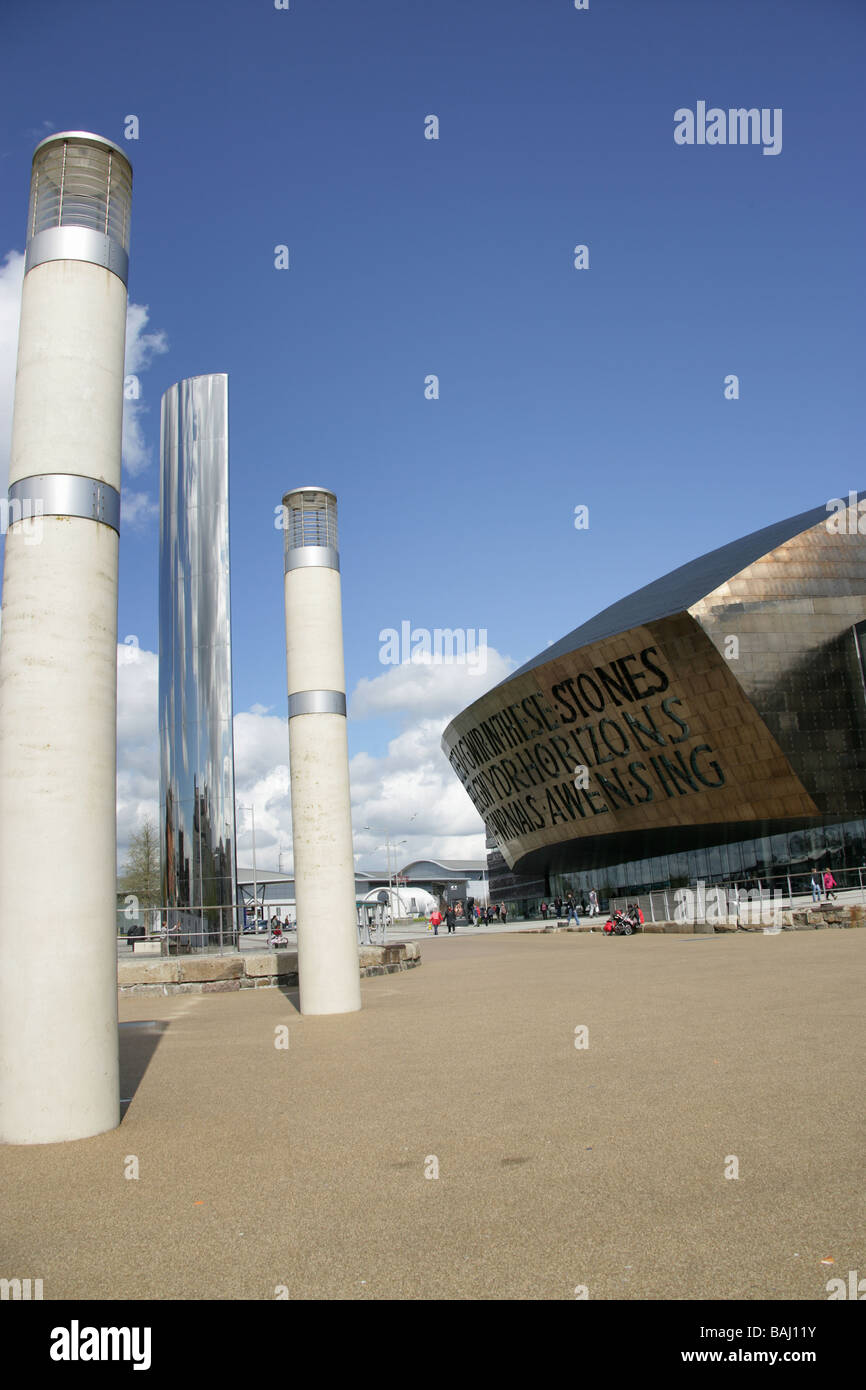 City of Cardiff, Wales. The Wales Millennium Centre, at Cardiff Bay waterfront with Roald Dahl Plass in the foreground. Stock Photo