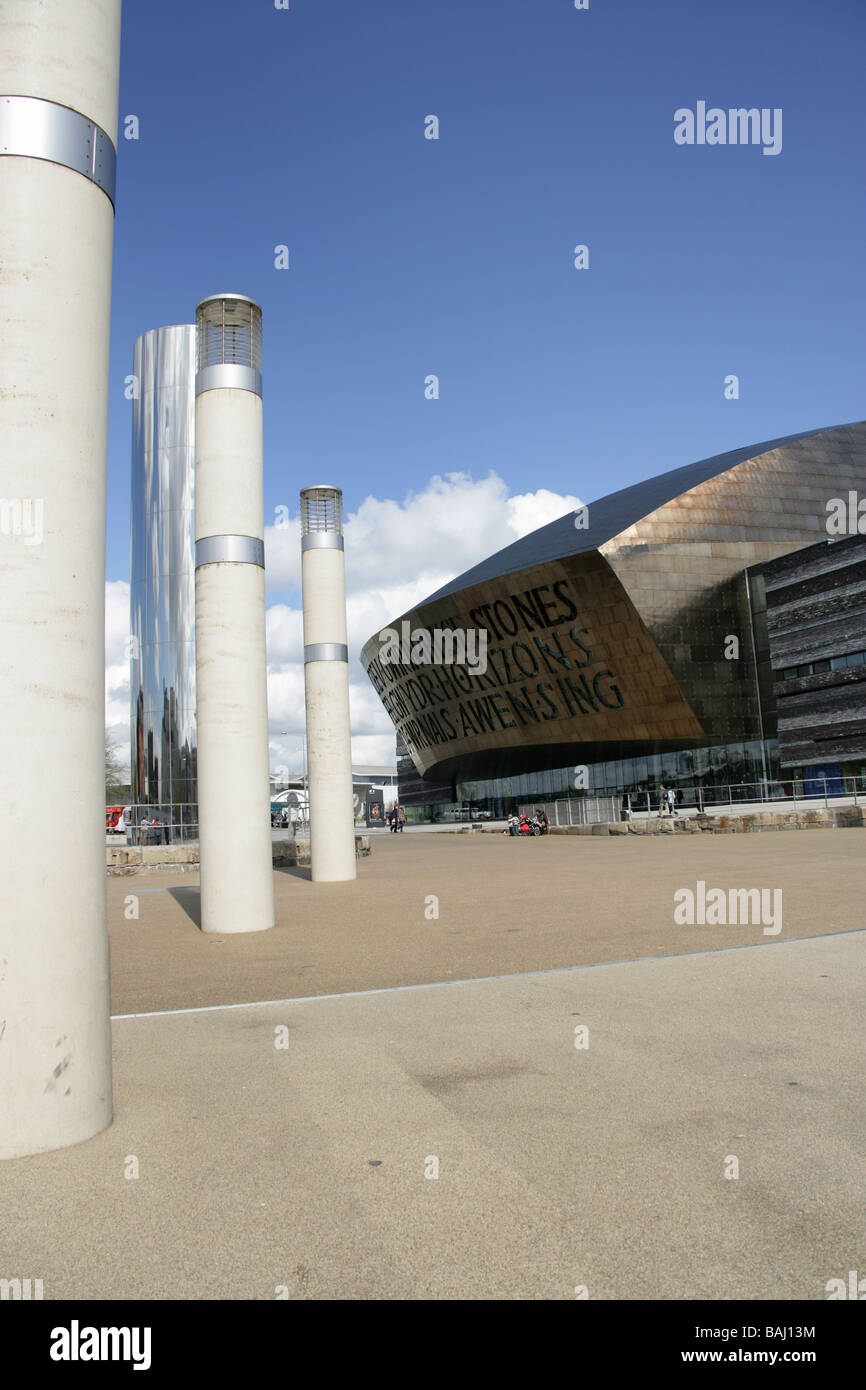 City of Cardiff, Wales. The Wales Millennium Centre, at Cardiff Bay waterfront with Roald Dahl Plass in the foreground. Stock Photo