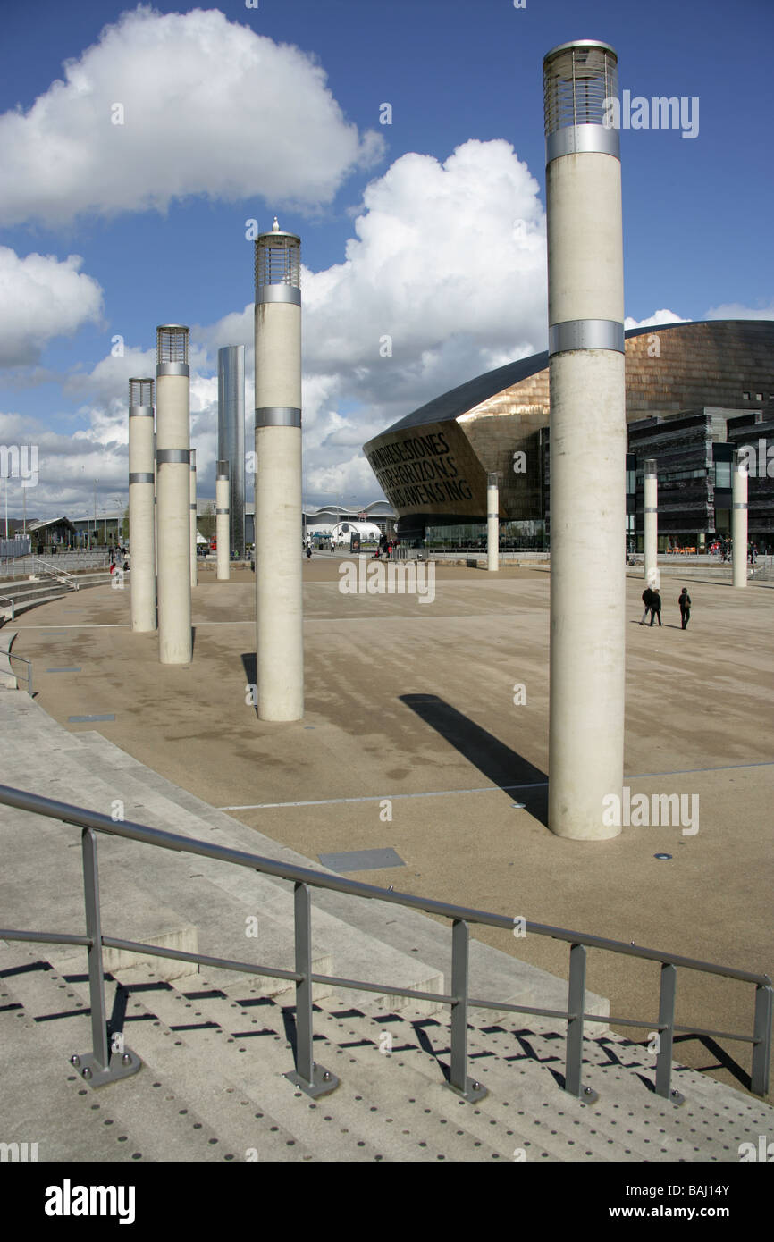 City of Cardiff, Wales. The Wales Millennium Centre, at Cardiff Bay waterfront with Roald Dahl Plass in the foreground. Stock Photo