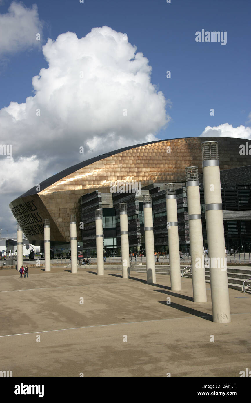 City of Cardiff, Wales. The Wales Millennium Centre, at Cardiff Bay waterfront with Roald Dahl Plass in the foreground. Stock Photo