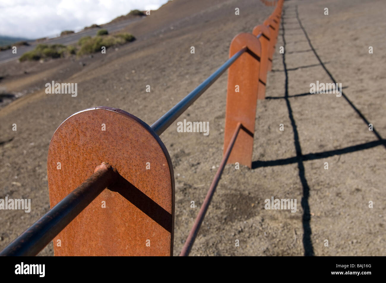 Fence to limit the edge of a mountain at El Teide Canary islands Spain Teneriffa Stock Photo