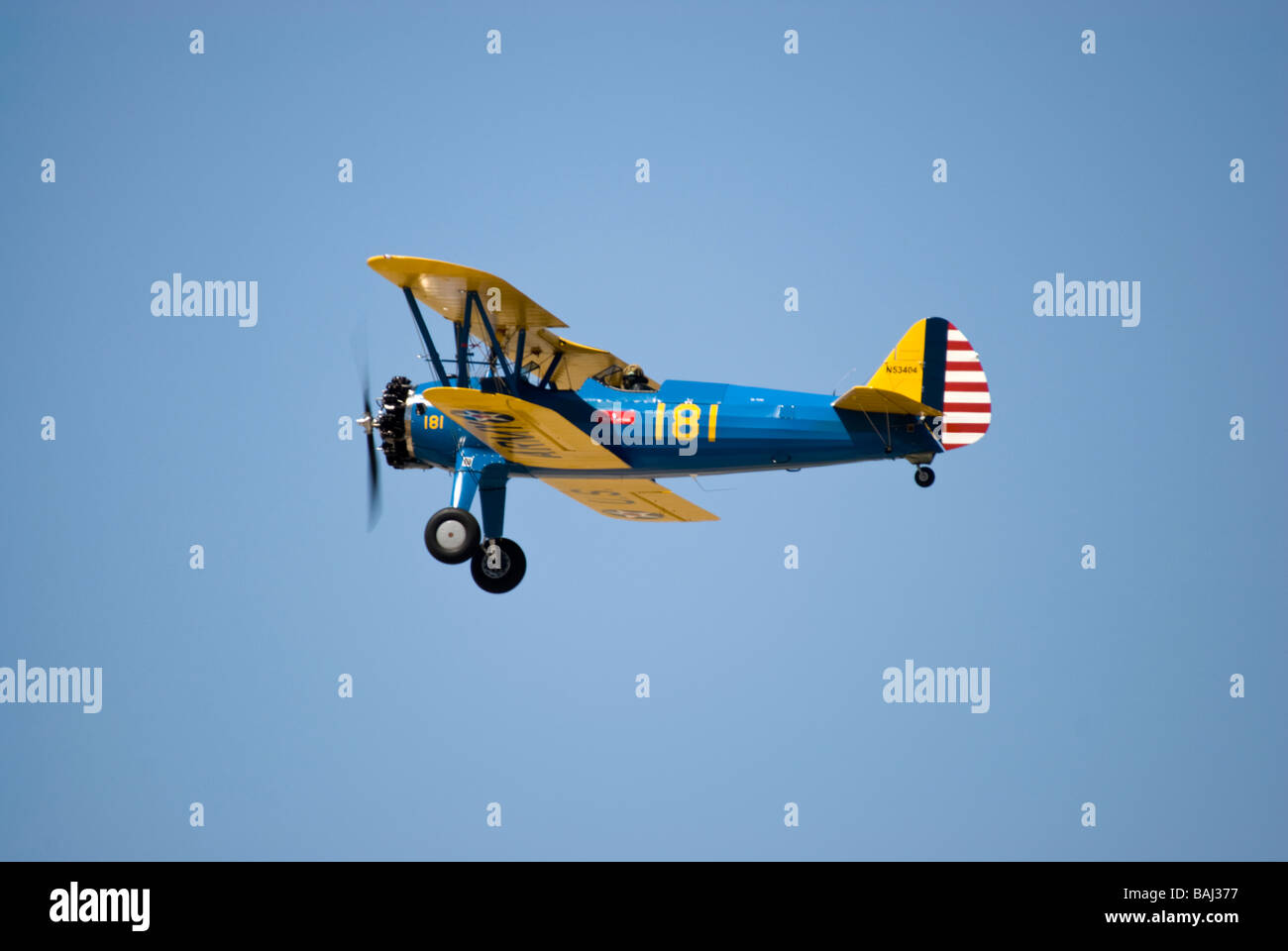 Stearman Biplane in Flight Stock Photo