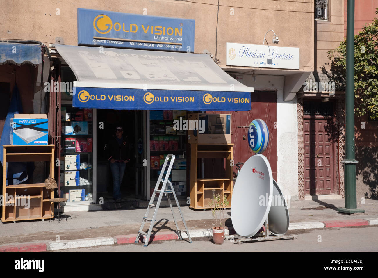 Marrakech Morocco North Africa Shop selling satellite dishes in old city Stock Photo