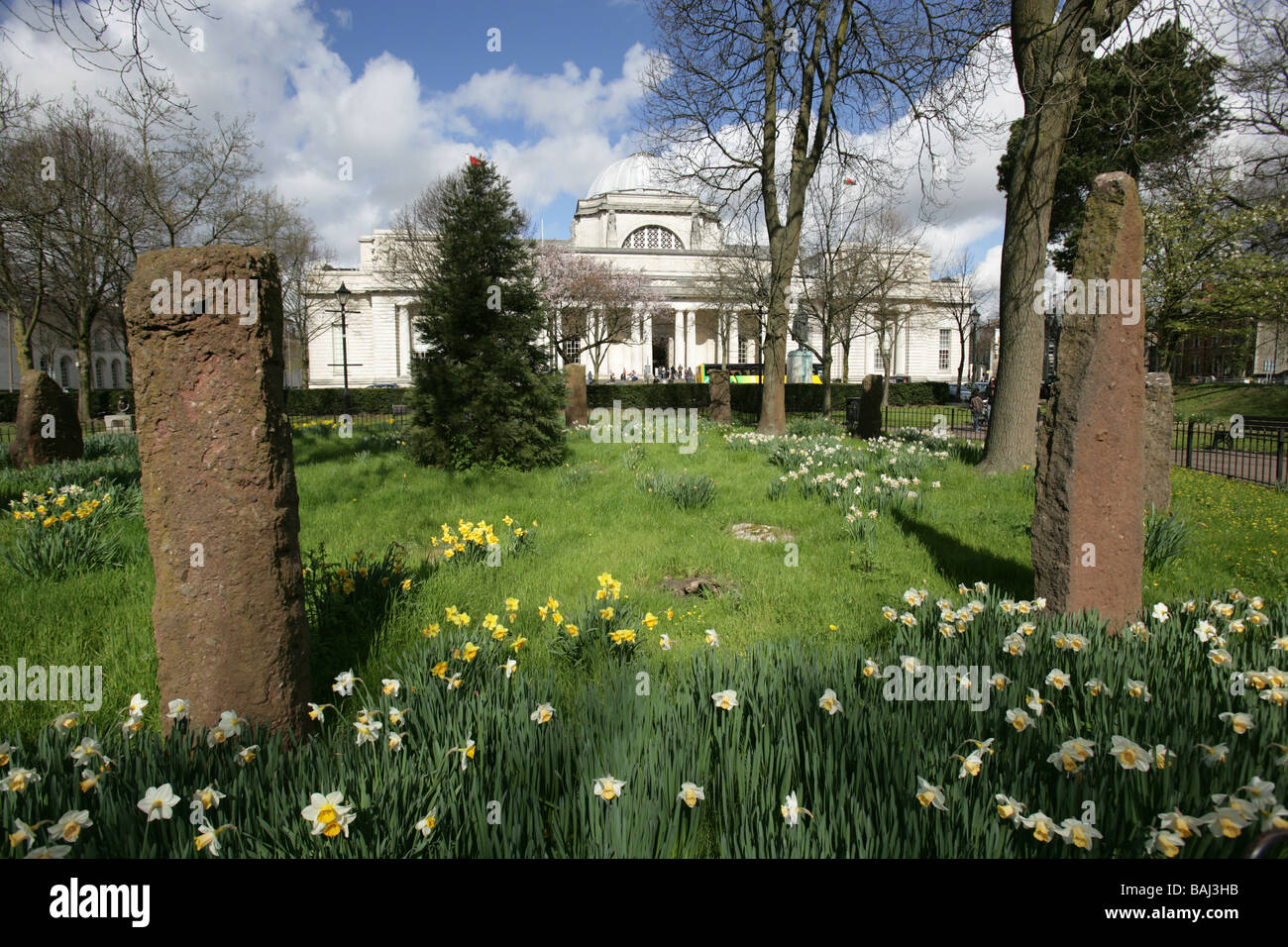 City of Cardiff, South Wales. Stone circle in Gorsedd Gardens, with the