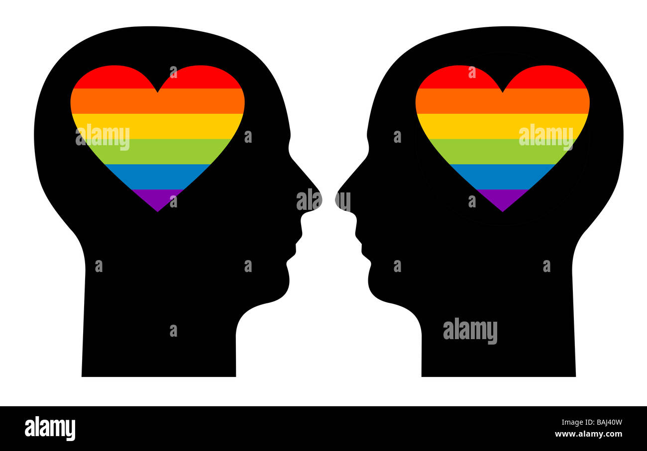 Silhouettes of a gay couple with colorfull hearts in their heads Stock Photo