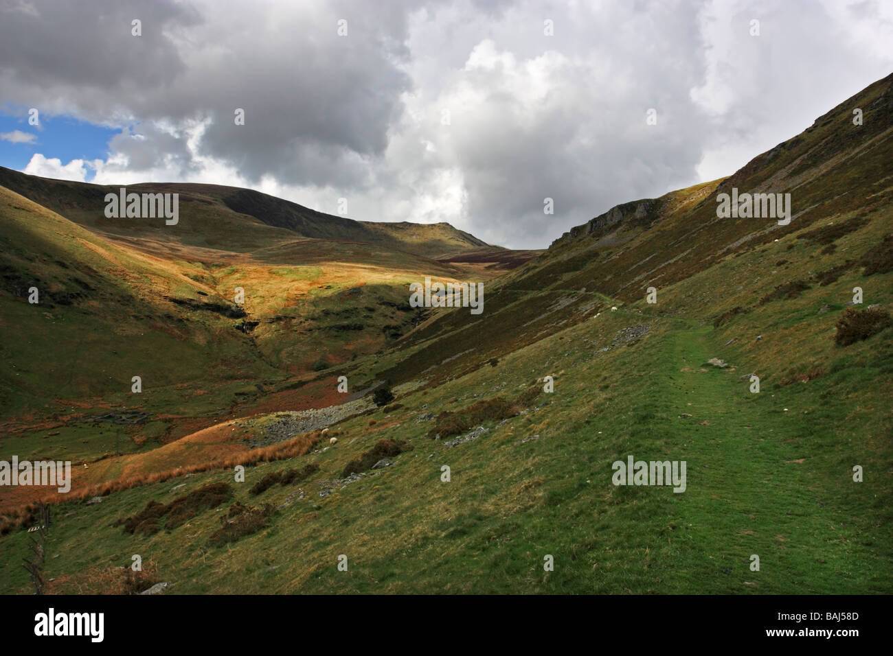 The main Berwyns ridge, North Wales, showing Moel Sych and Cadair Berwyn on the approach from Tan y Pistyll Stock Photo