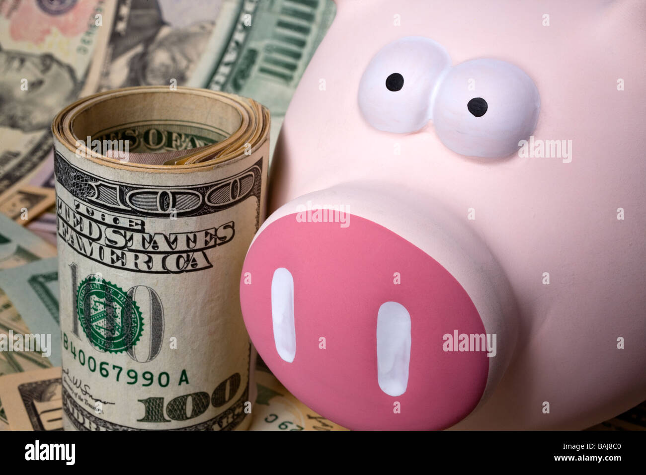 Pink piggy bank on carpet of American dollar bills of various