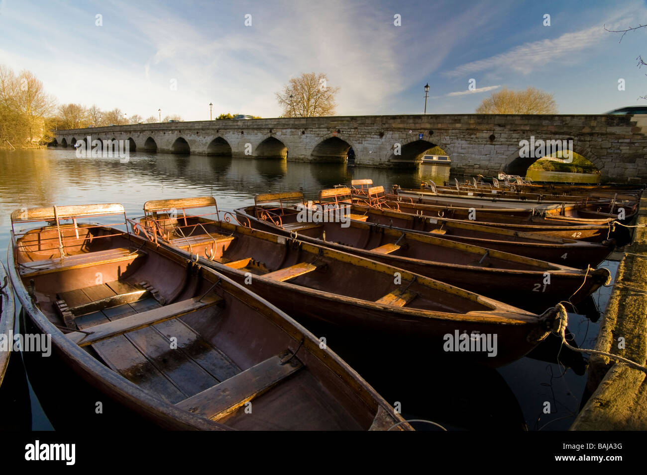 Moored rowing boats on River Avon near Clopton Bridge Stratford upon Avon Stock Photo