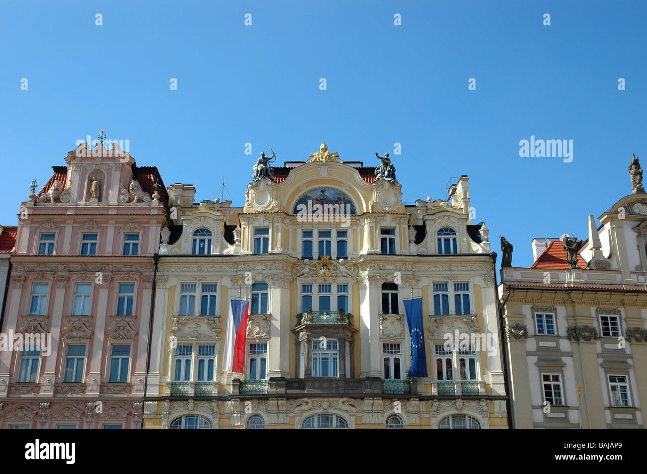 Yellow building facades in old town square Prague city Czech Republic Stock Photo