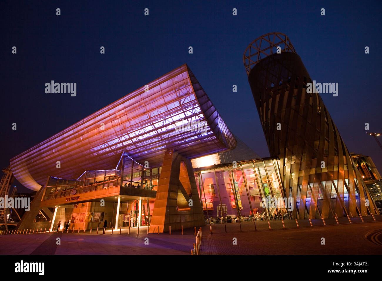 UK England Salford Quays Lowry Centre and Lyric Theatre entrance at night Stock Photo