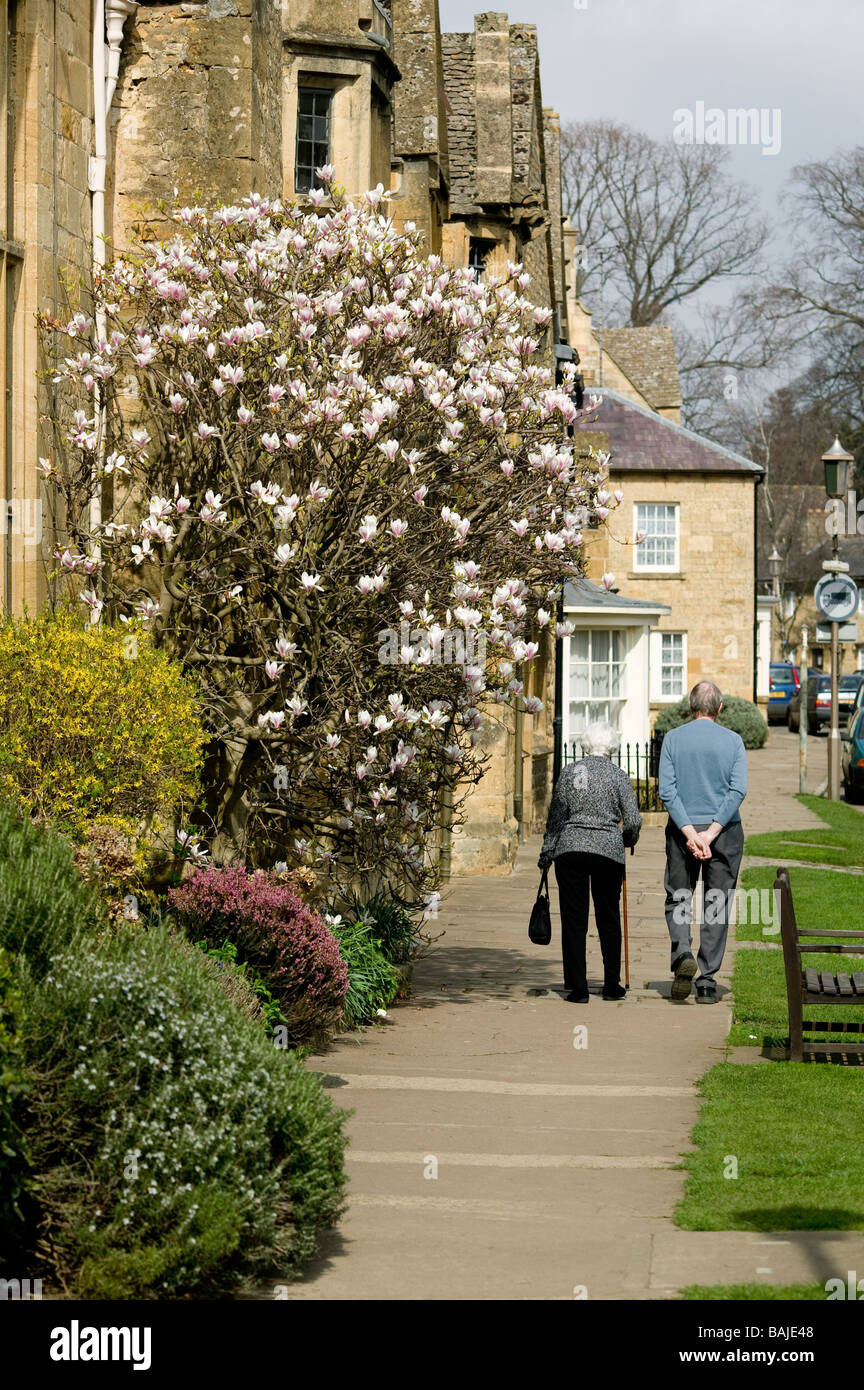 an old man and woman walking past magnolia in full flower in spring in Cotswold village Stock Photo