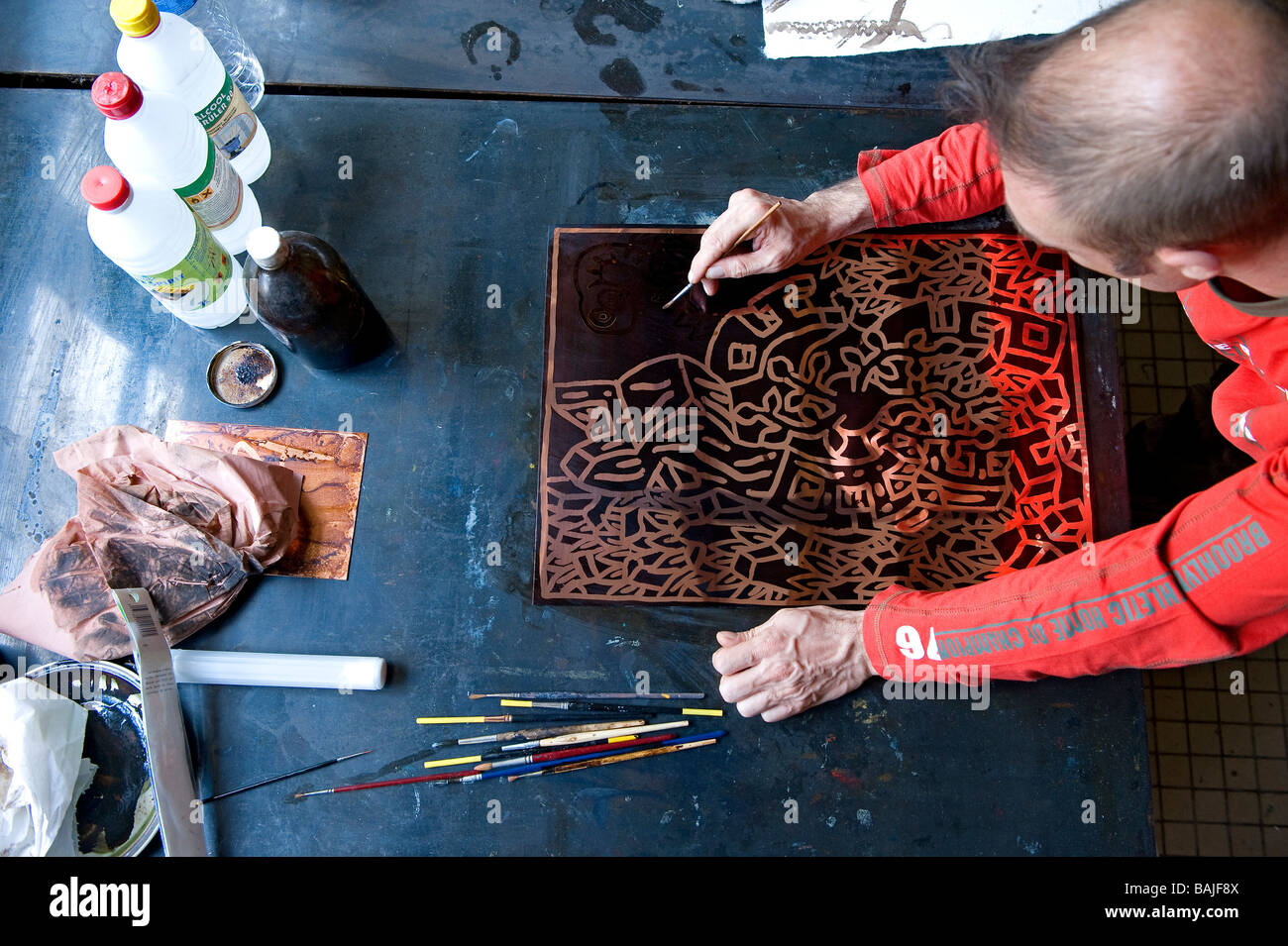 France, Yonne, Parly, the center of graphic art, artist Speedy Graphito in the lithography studio Stock Photo