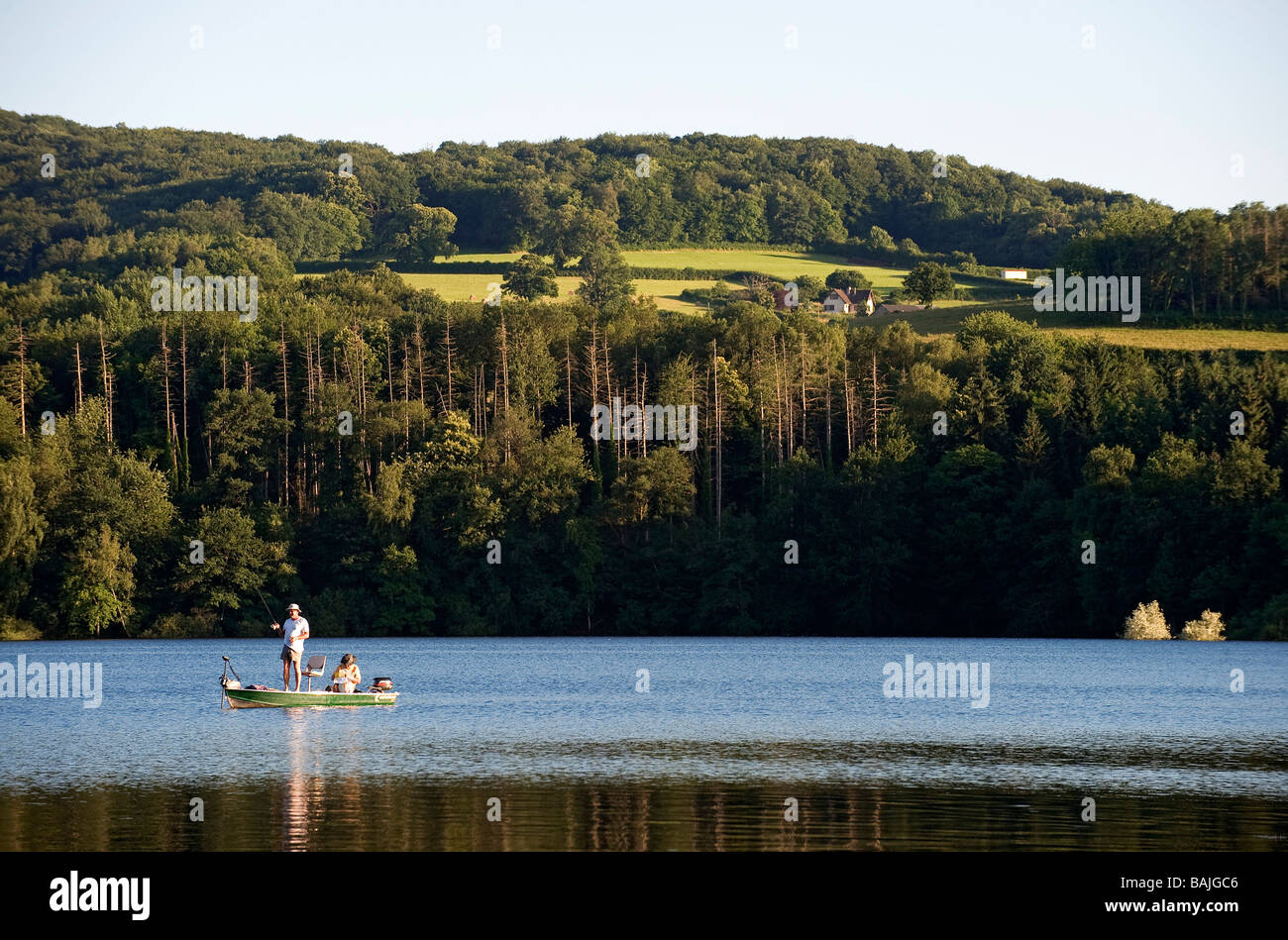 France, Nievre,  Lake Pannecière, angling in the evening Stock Photo