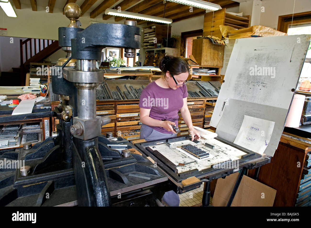 France, Yonne, Parly, Art Graphics center, Workshop typography Stock Photo