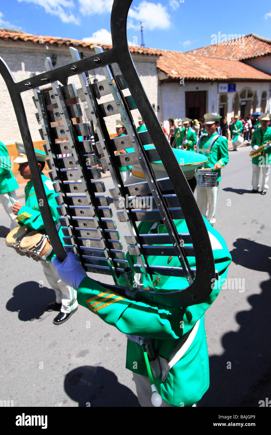 College marching band during a parade, Tunja, Boyacá, Colombia, South America Stock Photo