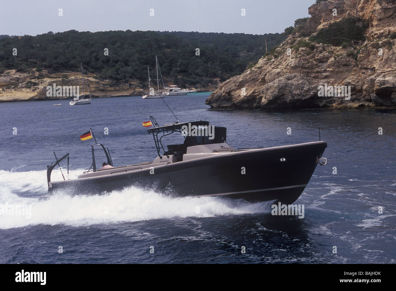 Bluegame 47’ high performance sport boat by Sanlorenzo taking a spin off SW Mallorca Stock Photo