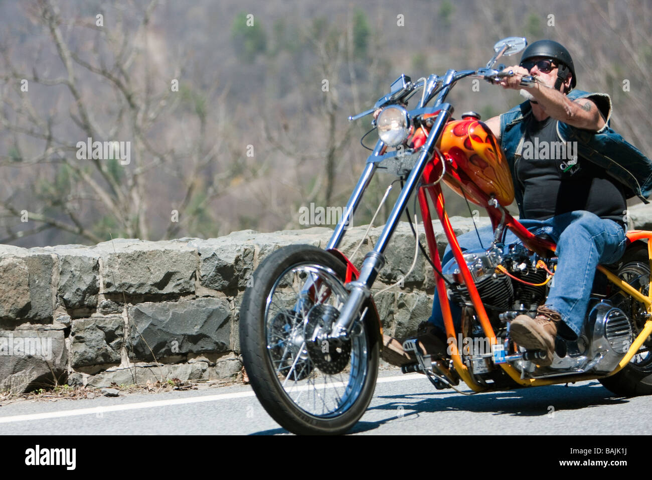 A motorcycle chopper at Hawks Nest New York . Stock Photo