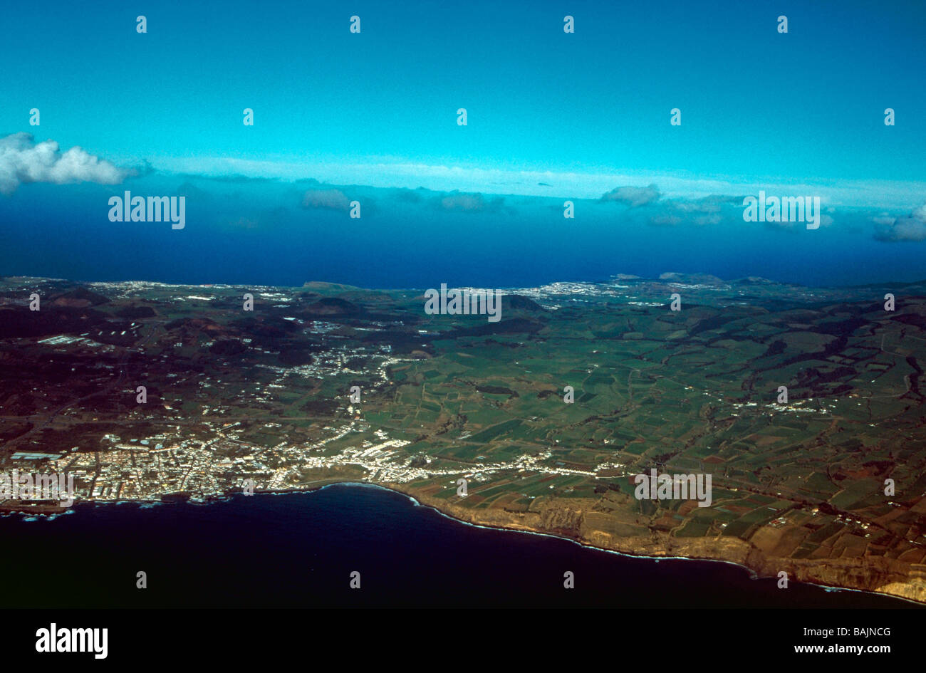 Aerial view of Sao Miguel Island, Azores, part of Portugal in the mid-Atlantic showing the capital city, Ponta Delgada Stock Photo