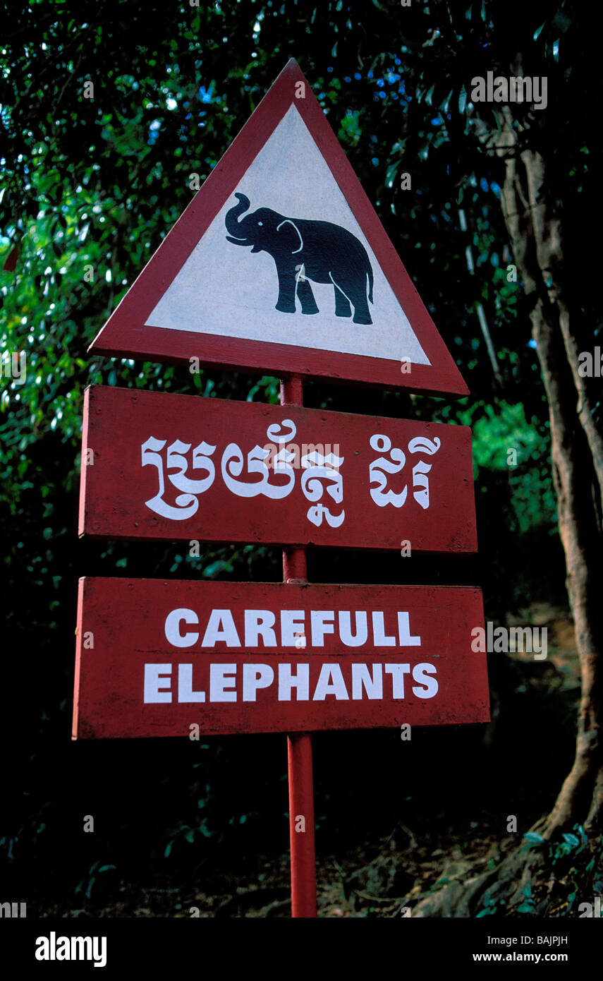 Cambodia, roadsign : Careful to elephants Stock Photo