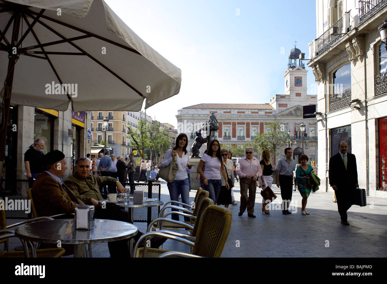 Pavement cafe, Calle Carmen, Plaza de la Puerta del Sol, Madrid, Spain, Europe, Stock Photo