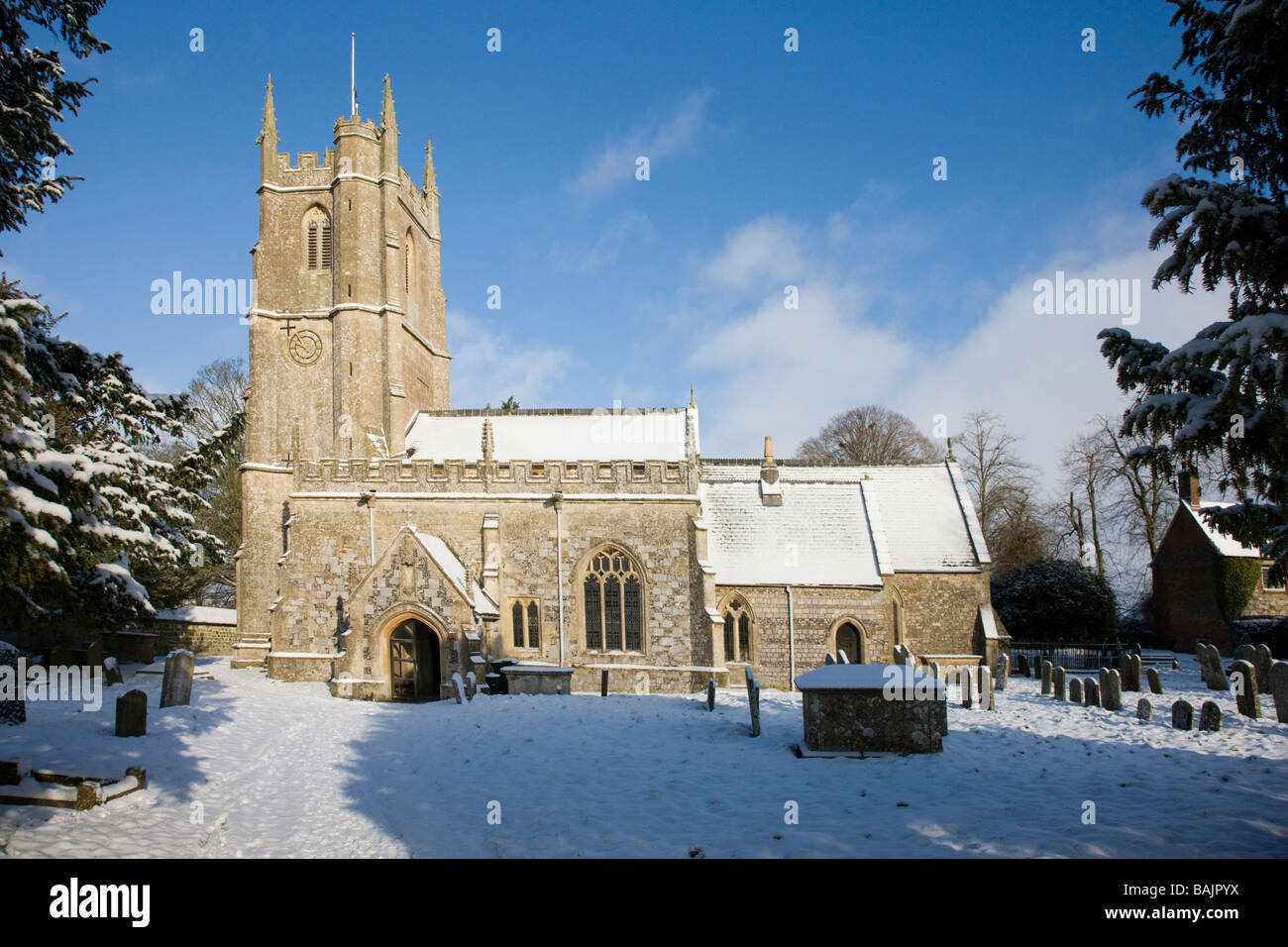 Avebury church in the snow Stock Photo