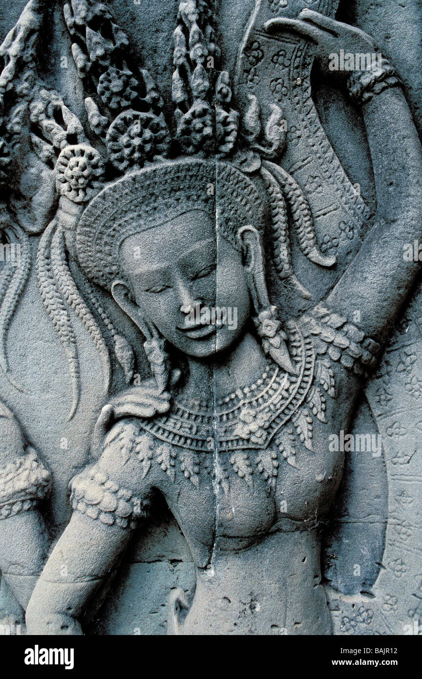 Cambodia, Siem Reap Province, Angkor site listed as World Heritage by UNESCO, Angkor Wat Temple, detail of a bas relief with an Stock Photo