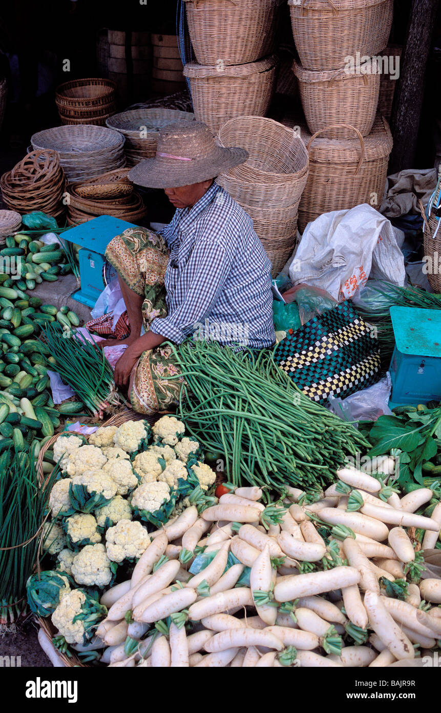 Cambodia, Siem Reap, central market, vegetable stall Stock Photo