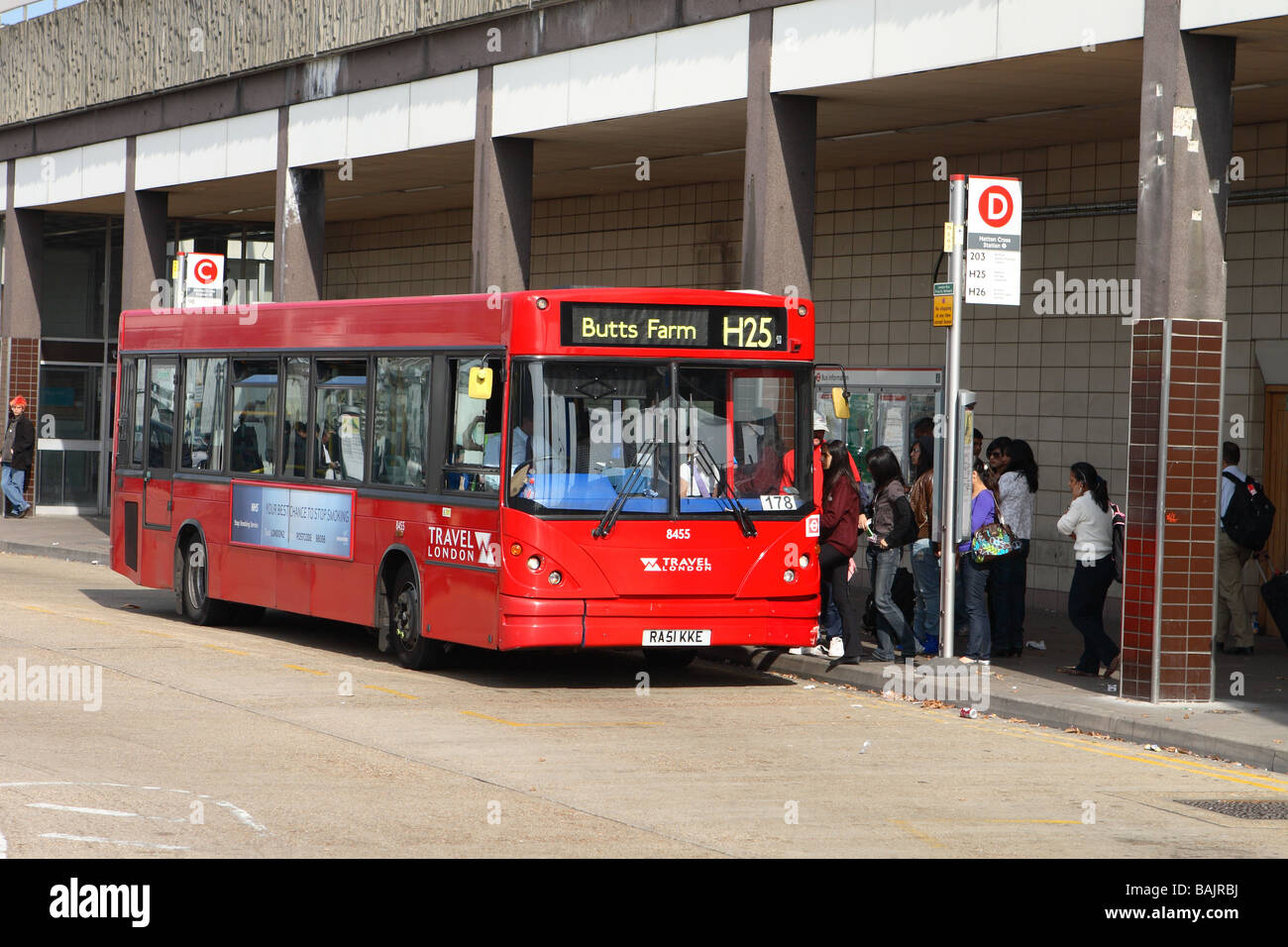 London Hatton Cross bus station at Heathrow Airport with bus service operated by Travel London part of National Express Group Stock Photo