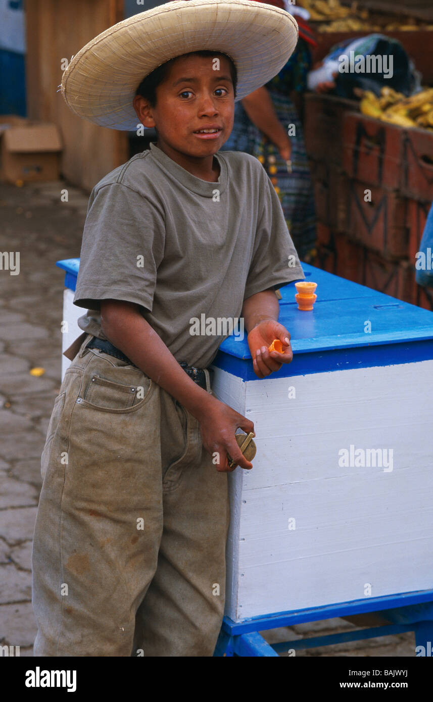 Guatemala, Solola Department, Atitlan lake, Santa Clara la Laguna, Tuesday Market, young Maya boy Stock Photo